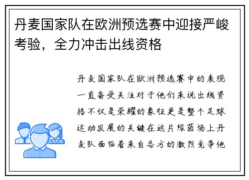丹麦国家队在欧洲预选赛中迎接严峻考验，全力冲击出线资格