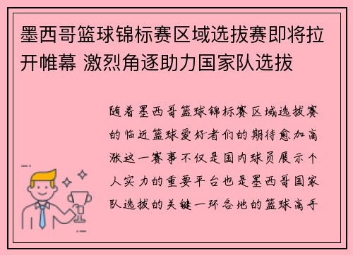 墨西哥篮球锦标赛区域选拔赛即将拉开帷幕 激烈角逐助力国家队选拔