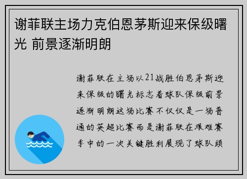 谢菲联主场力克伯恩茅斯迎来保级曙光 前景逐渐明朗