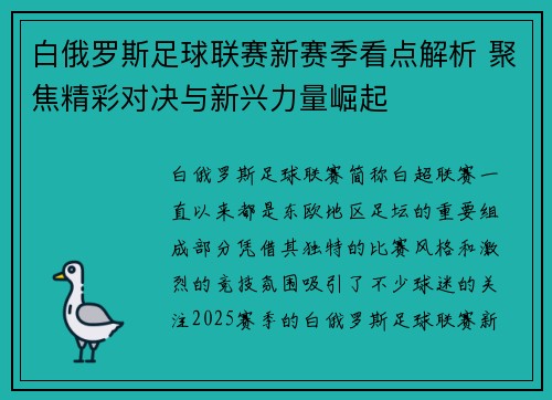 白俄罗斯足球联赛新赛季看点解析 聚焦精彩对决与新兴力量崛起