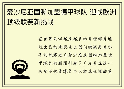 爱沙尼亚国脚加盟德甲球队 迎战欧洲顶级联赛新挑战
