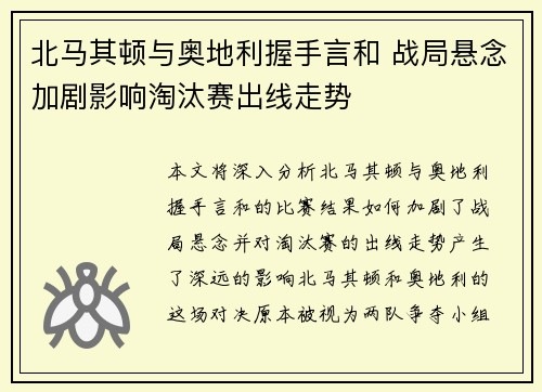 北马其顿与奥地利握手言和 战局悬念加剧影响淘汰赛出线走势