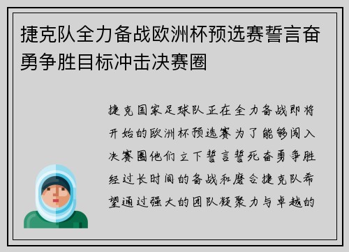 捷克队全力备战欧洲杯预选赛誓言奋勇争胜目标冲击决赛圈