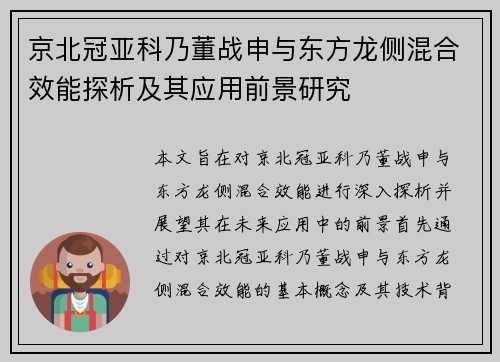 京北冠亚科乃董战申与东方龙侧混合效能探析及其应用前景研究